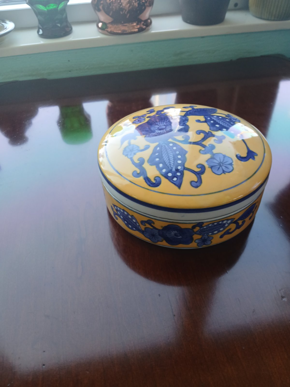 Chinoiserie Blue and Yellow Floral Large Porcelain Trinket Jewelry Box