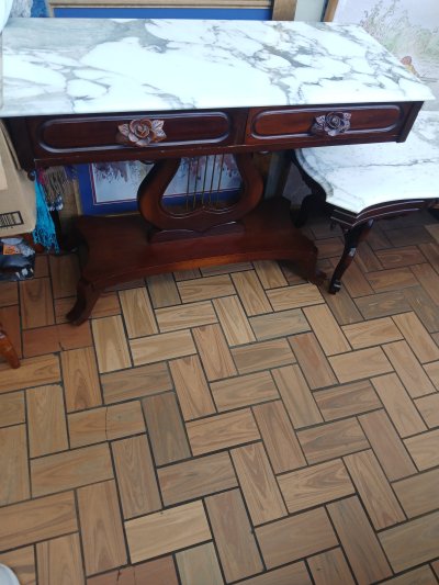Marble Top Side Table Cherry Wood Lyre